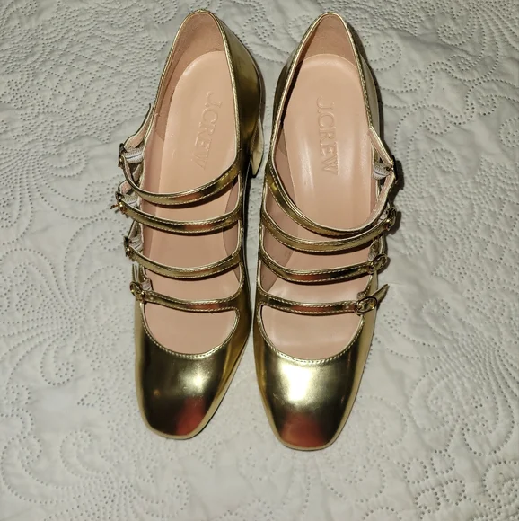 J.Crew Maisie Gold Metallic Block Heel Mary Jane Pumps NWOT Size 8 - Picture 2 of 9